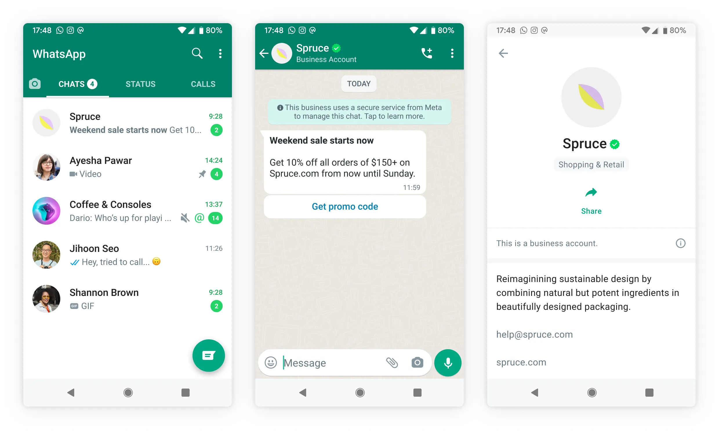Example of a verified WhatsApp Business Account also known as an official business acount(OBA), where instead of a number the business name is displayed with a green tick